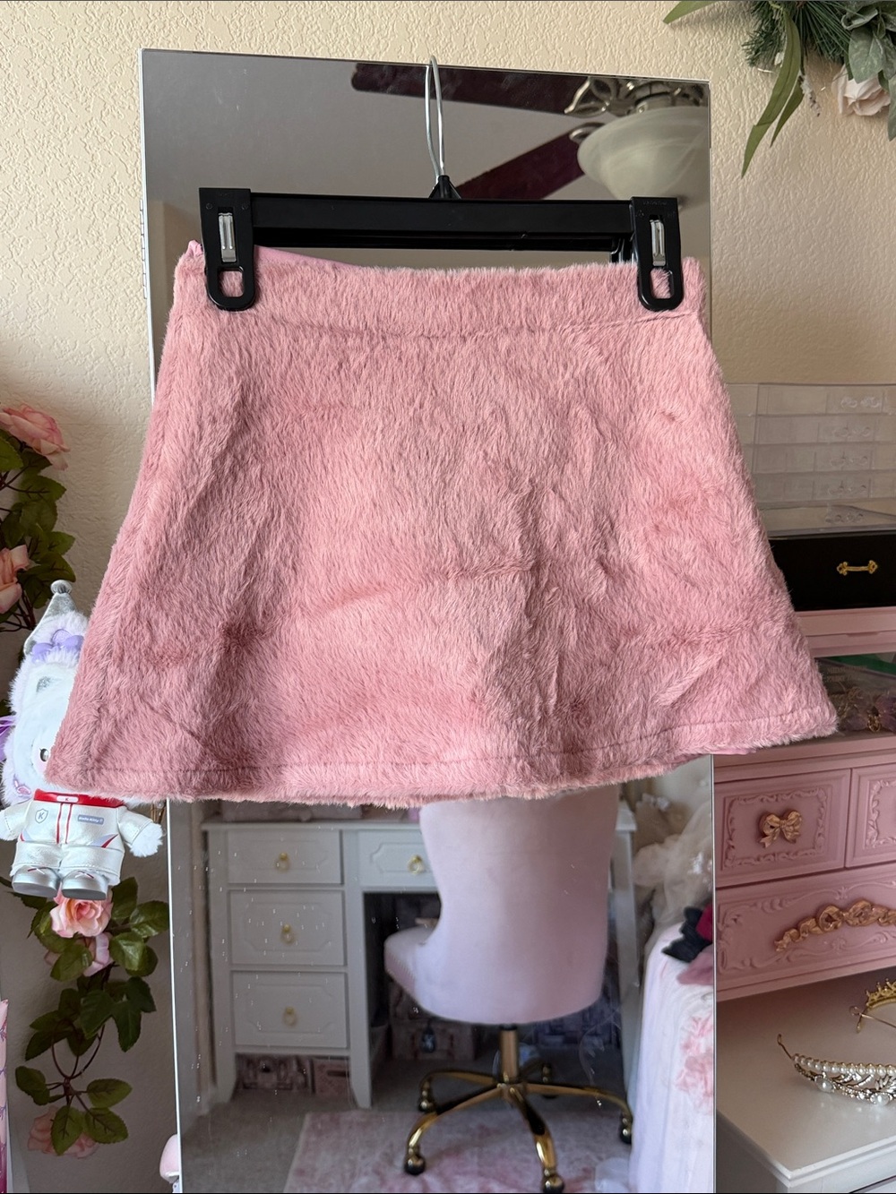 Pink Faux-Fur A-Line Mini Skirt